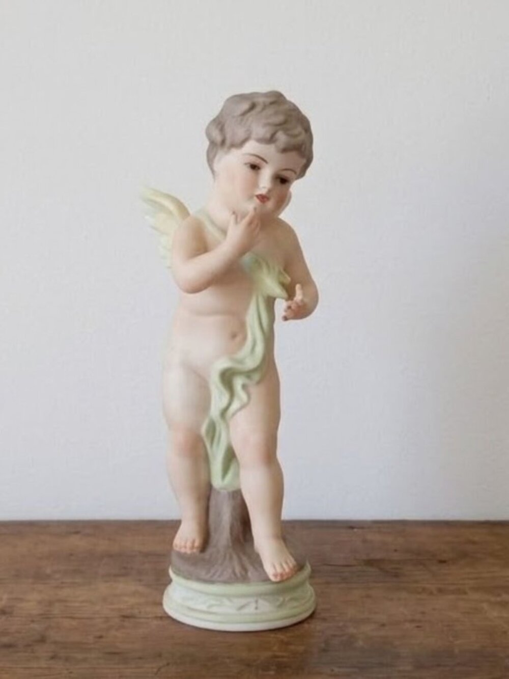 Vintage Porcelain Bisque Cherub Figurine Angel Statue Hand Painted Mid-Century